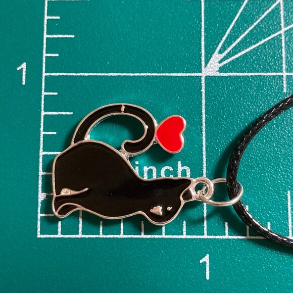 Black Cat Charm Pendant Necklace 16-18" Enamel Red Heart Halloween Cat Lady - Picture 7 of 8